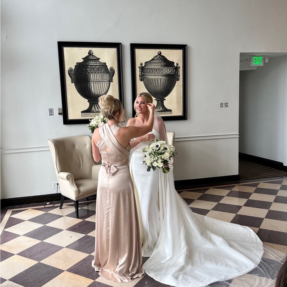 Revelry Devan convertible satin bridesmaids dress in color gold-champagne.